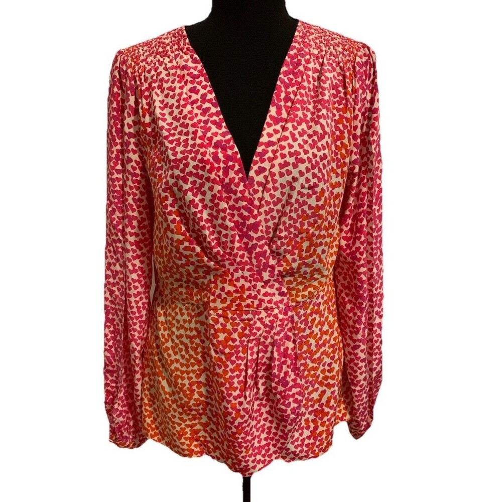 BCBG Maxazria Womens Size Medium Top Hearts Silk Faux Wrap Long Open Sleeve
